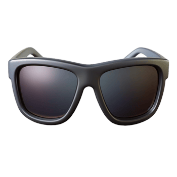 pristine celebratePolarizesunglass frame, sleek black plastic, reflective lenses, studio lighting, front view, render, isolateon transparent background,high-resolution product photography png