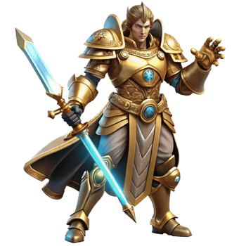 joyful radiant A fierce steampunk warrior, clad in ornate brass armor, wielding a Tesla powered sword, against a backdrop of smoke and embers, dynamic lighting, comic book style high quality png