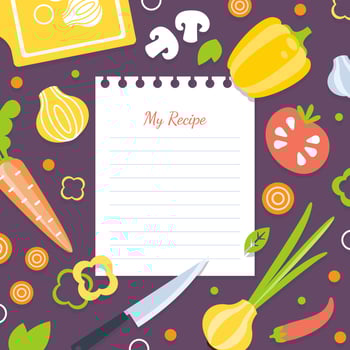 My Recipe Blank Card Template with Fresh Vegetables Pattern, Cookbook Page Illustration vector