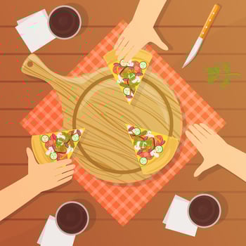 People Sitting at Table and Eating Pizza Together, Top View Illustration vector