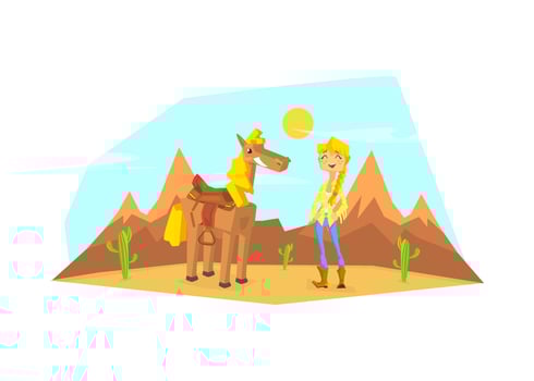 Western Girl Character with Horse in Desert Landscape illustration vector