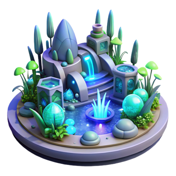 distinguished rustic A futuristic garden filled with bioluminescent plants and glowing water features. Magical, ethereal lighting. Biopunk fantasy style top tier png