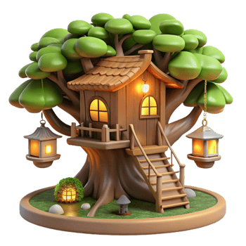 radiant renaissance A treehouse built into a giant redwood tree, rustic wood construction, glowing lanterns, magical and whimsical refined png