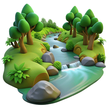remarkable surreal A babbling brook flowing through a lush forest, long exposure, soft, diffused light, tranquil atmosphere, precision png