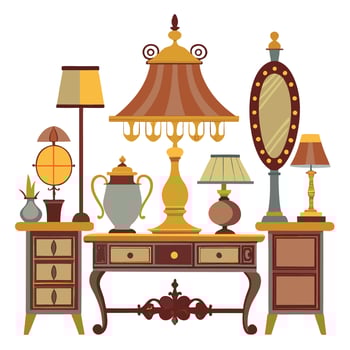 Ornate Vintage Furniture Interior Arrangement Featuring Lamps Mirror And Decorative Elements vector