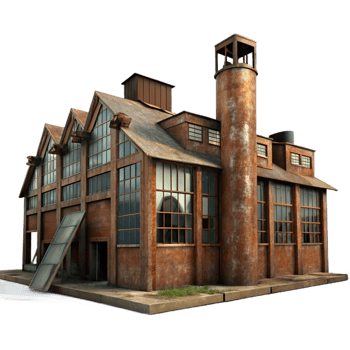 sought after mid century An abandoned industrial complex, rusty metal, broken windows, overcast lighting, precision png
