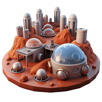 impressive mid century A futuristic city on Mars, red dust covering buildings, pressurized domes, rovers driving in the distance high resolution png