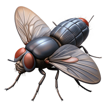 elegant exemplary Housefly with transparent wings, dark body, hairy legs, realistic textures, dramatic lighting, side view, render, isolateon transparent background,high-resolution product photography png