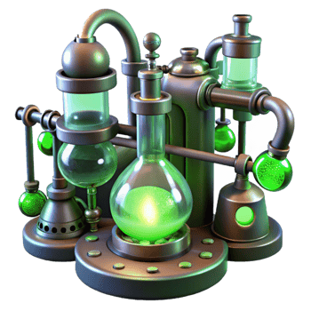 alluring organic A steampunk laboratory, filled with bubbling beakers, sparking wires, and strange contraptions, bathed in the eerie green light of chemical reactions high resolution png