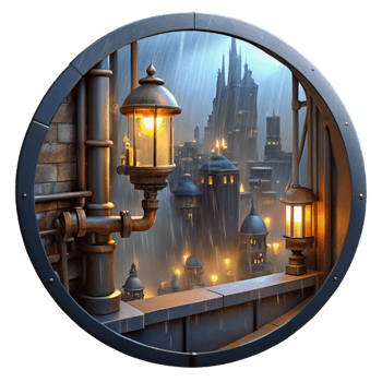 beautiful dreamy surreal A steampunk cityscape, viewed through a rain streaked window, illuminated by the flickering glow of gaslights. Impressionistic style, muted colors perfect clarity png