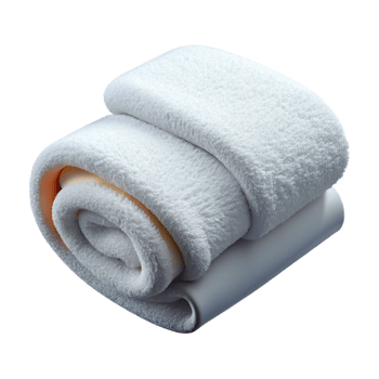 melancholic sumptuous Fluffy white bath towel, thick terry cloth, soft lighting, foldeneatly, isolateon transparent background,high-resolution product photography expertly shot png