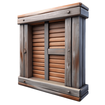 iconic industrial Wooden window shutter, weatherepaint, rustic style, dramatic lighting, side view, render, isolateon transparent background,high-resolution product photography elite png