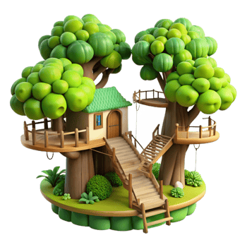 dazzling industrial A treehouse village connected by rope bridges, lush green foliage, dappled sunlight, whimsical style, expertly shot png