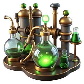 exemplary gothic A steampunk laboratory filled with bubbling beakers, sparking wires, and intricate brass instruments, eerie green lighting, gothic style artisan png