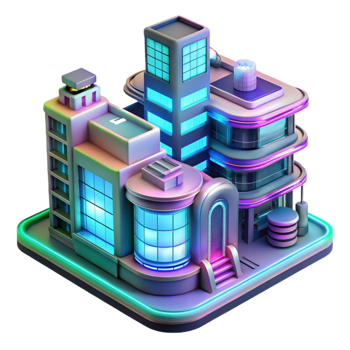 splendid exceptional A futuristic apartment complex with holographic projections, vibrant neon lights, cyberpunk atmosphere, science fiction style, png