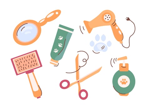A set of cosmetics for pet care. Hair dryer, scissors, shampoo, mirror, brush, cream. Beauty salon tools and cosmetics for animals, haircuts, washing, grooming. illustrations vector