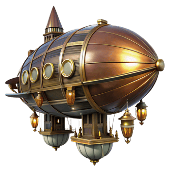 coveted gothic A majestic steampunk airship, crafted from polished brass and dark wood, hovering over a bustling cityscape. Gears spin visibly, illuminated by flickering gaslight. Art Deco style 4K png
