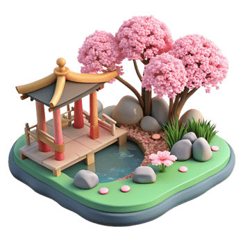 timeless bohemian A serene Japanese garden with a koi pond and cherry blossoms, tranquil style, soft diffused light precision png