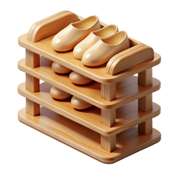 acclaimeimpressionist Wooden shoe rack, multiple tiers, natural finish, soft lighting, isolateon transparent background,high-resolution product photography artisan png