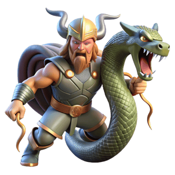 striking unparalleled Thor battling the Midgard Serpent, Jormungandr, lightning crackling, Norse mythology style, dynamic lighting, png