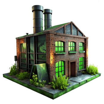 impressive remarkable An abandoned factory with broken windows, rusted metal, overgrown with weeds, eerie green light png