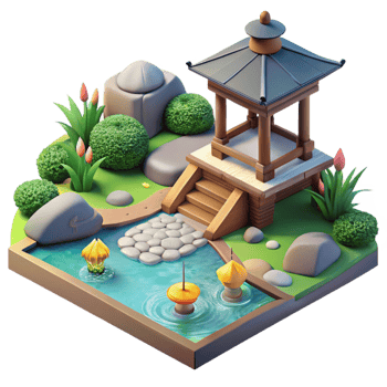 signature futuristic A traditional Japanese garden with a stone path and koi pond, serene and peaceful atmosphere, soft lighting 4K png