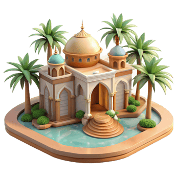 pristine exceptional A desert oasis with a Moorish palace, intricate arches and mosaics, palm trees, shimmering heat haze png