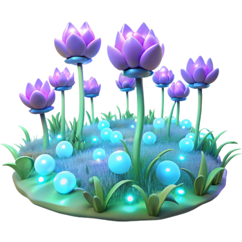 distinctive abstract A field of glowing, bioluminescent flowers, emitting a soft, otherworldly light, in a surreal, dreamlike atmosphere precision png