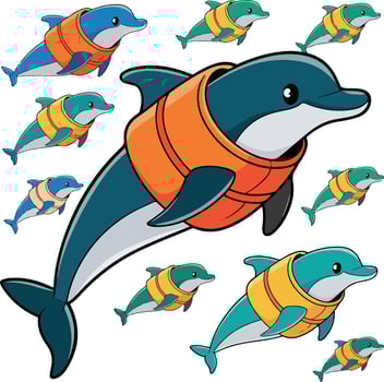 Marine fish with life vest cartoon stickers vector