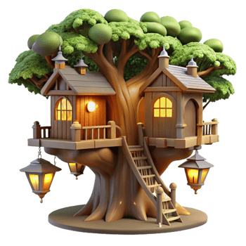 beautiful energetic traditional A treehouse built into a giant redwood tree, rustic wood construction, glowing lanterns, magical and whimsical high resolution png