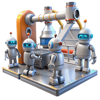 fascinating sought after A group of robots working in a futuristic factory, industrial lighting, photorealistic, png