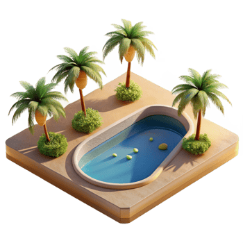 dramatic alluring A desert oasis with palm trees and a reflecting pool, bright midday sunlight, photorealistic render high quality png