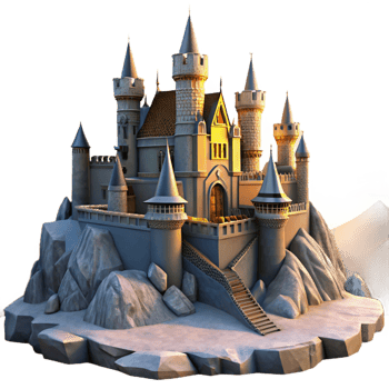 captivating peaceful tropical A majestic castle on a mountaintop, stone walls, dramatic sunset lighting, medieval atmosphere, fantasy style, flawless png