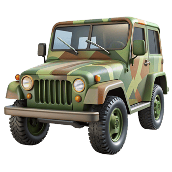 impressive dreamy gothic Military jeep, camouflage paint, ruggetires, matte finish, dramatic lighting, front view, isolateon transparent background,high-resolution product photography premium png