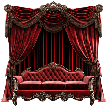Royal Red Velvet Sofa with Draped Curtains Background png
