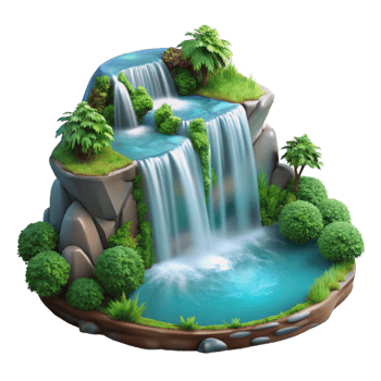 breathtaking modern A cascading waterfall plunging into a crystal clear pool, surrounded by lush greenery, long exposure photography style high resolution png