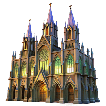 playful hypnotic A towering Gothic cathedral with intricate stained glass windows, dramatic sunset lighting, digital painting style flawless png