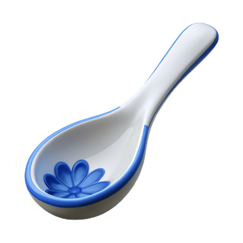 beautiful dynamic surreal Soup spoon, ceramic, white with blue floral pattern, studio lighting, front view, isolateon transparent background,high-resolution product photography impeccable png