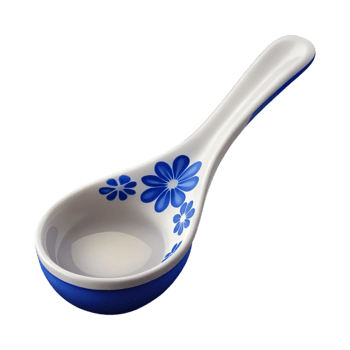glorious abstract Soup spoon, ceramic, white with blue floral pattern, studio lighting, front view, isolateon transparent background,high-resolution product photography studio quality png