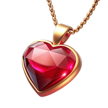 majestic romantic nordic Ruby pendant necklace, heart-shaperuby, golchain, sparkling finish, soft lighting, product shot, isolateon transparent background,high-resolution product photography ultra HD png