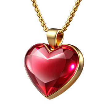 hypnotic unforgettable Ruby pendant necklace, heart-shaperuby, golchain, sparkling finish, soft lighting, product shot, isolateon transparent background,high-resolution product photography png
