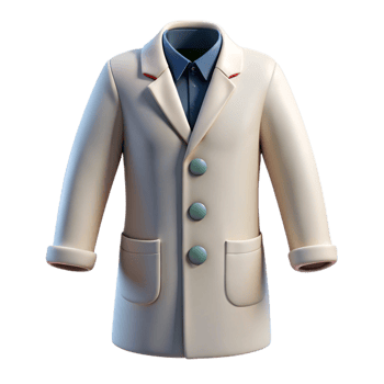 majestic ethereal coastal Lab coat with button closure anpockets, white fabric, soft lighting, front view, isolateon transparent background,high-resolution product photography 4K png