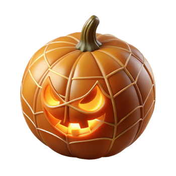 pristine rare Carvepumpkin with intricate spiderweb design, flickering candlelight inside, realistic texture, isolateon transparent background,high-resolution product photography png