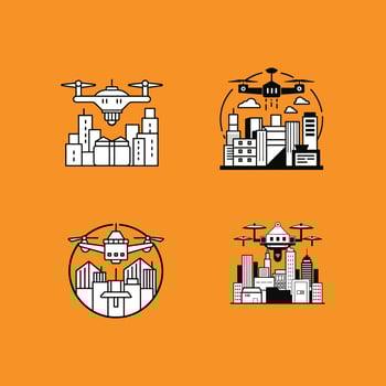 Set of illustration of a drone in cityscape airplane flying in the sky new 2025 trendy military aircraft silhouettes vector