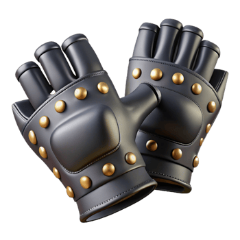 passionate alluring A pair of fingerless gloves, black leather, studdedetails, laiflat, studio lighting, photorealistic, isolateon transparent background,high-resolution product photography exclusive png