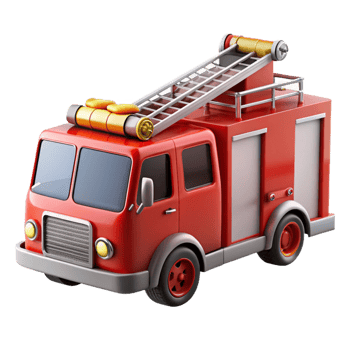glorious inspireRefiretruck, extendeladder, flashing lights, detailehoses, soft lighting, side view, render, isolateon transparent background,high-resolution product photography png