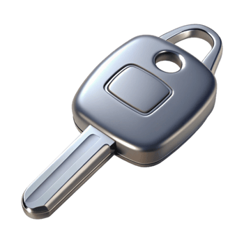 hypnotic sought-after Silver car key, with logo placeholder, metallic finish, soft lighting, top-down view, render, isolateon transparent background,high-resolution product photography png