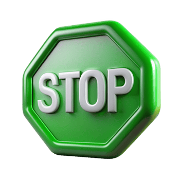 serene memorable Green stop sign, white lettering, metallic finish, studio lighting, front view, render, with transparent background,high-resolution product photography png