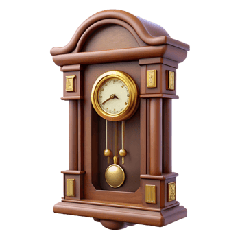 peaceful sumptuous Antique wall clock, pendulum, wooden case, soft lighting, front view, isolateon transparent background,high-resolution product photography genuine png