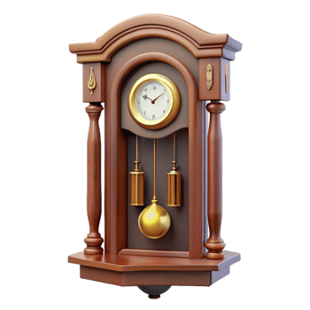 remarkable geometric Antique wall clock, pendulum, wooden case, soft lighting, front view, isolateon transparent background,high-resolution product photography sharp png